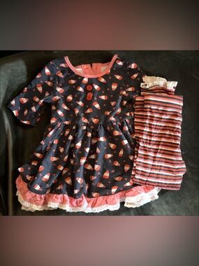 Girls Black Candy Corn Tunic with Orange Trim and Striped Leggings